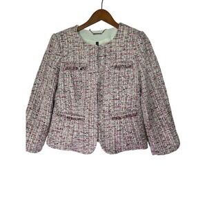 White House Black Market Pink Tweed Blazer Jacket‎ Cropped Collarless Size 10